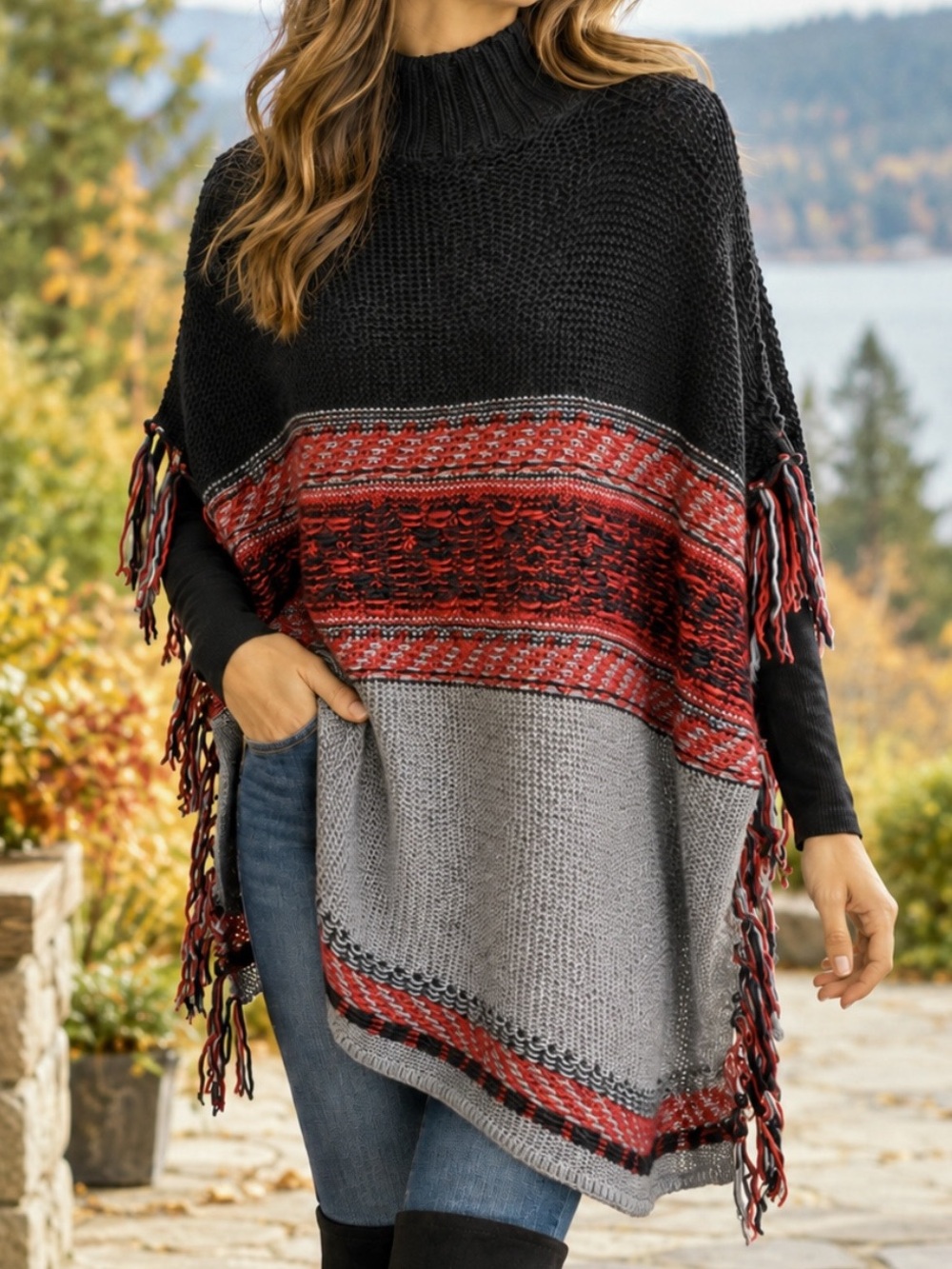 rain + rose Red Black Gray Wool Poncho Sweater Sample OS